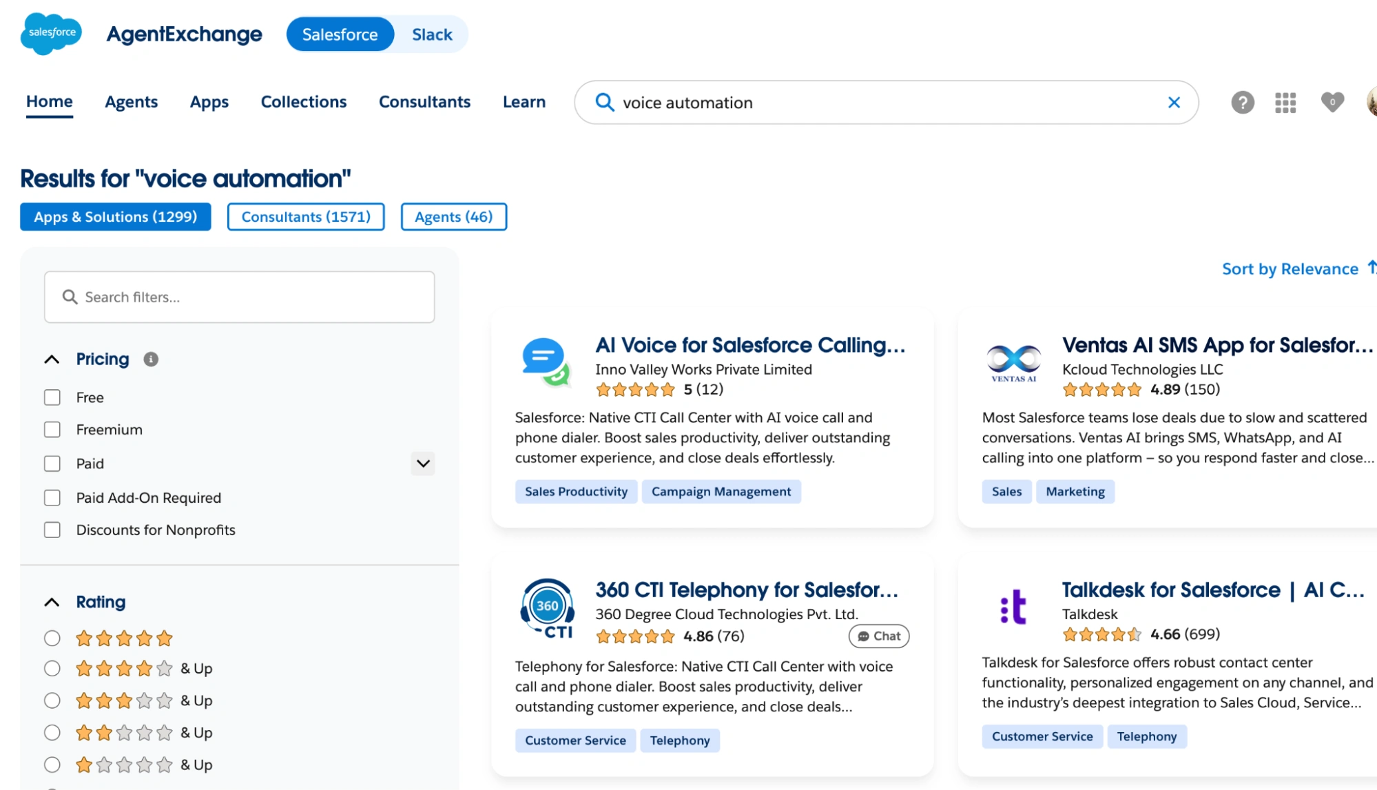 Search for specific agents or apps. Image showing voice automation results screenshot image