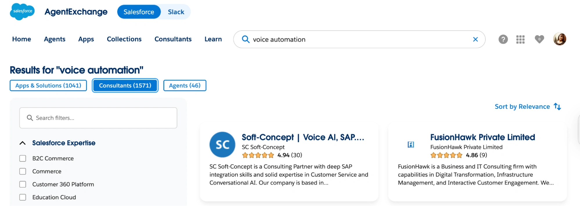 Centralize your search to look for Agent/App/Consultants. Searching for Voice automation.