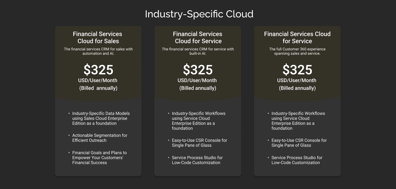 industry specific financial services cloud pricing dark