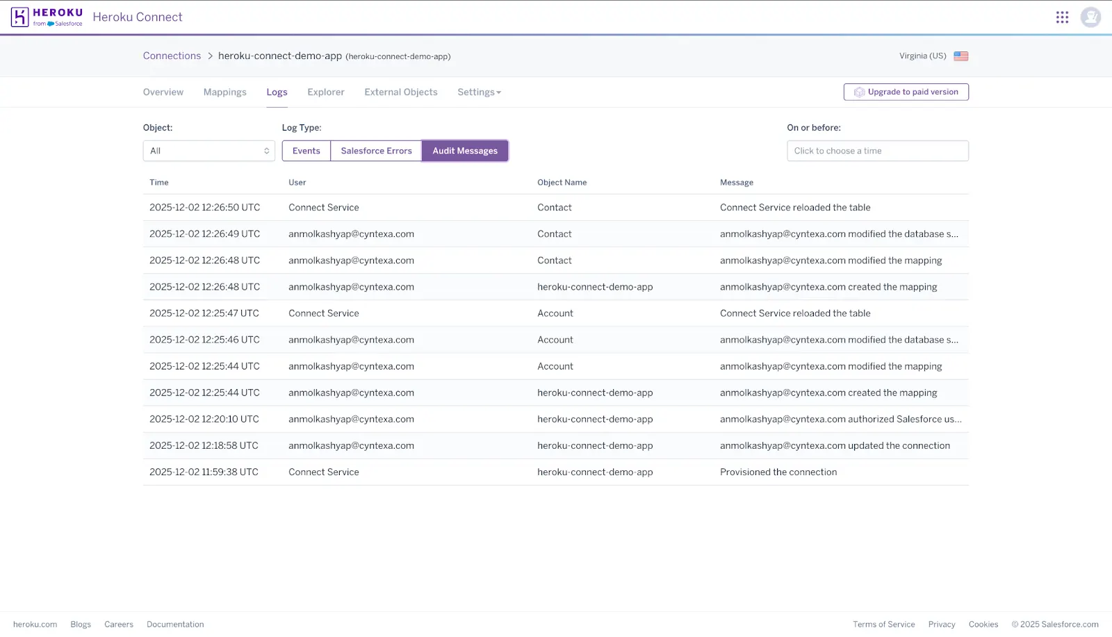 Step 5: Check Logs (Optional)
Click the Logs tab on the Heroku Connect Dashboard
You can review the Heroku Salesforce Data Sync logs based on events and errors.