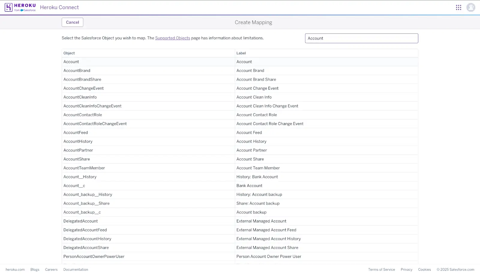Use the search box to filter the list of objects that can be mapped from your Salesforce org. Click the object that you want to map.