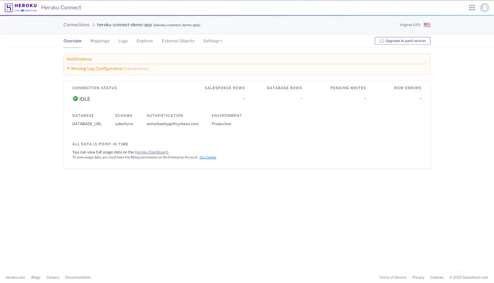 check the connection status of Heroku & Sales