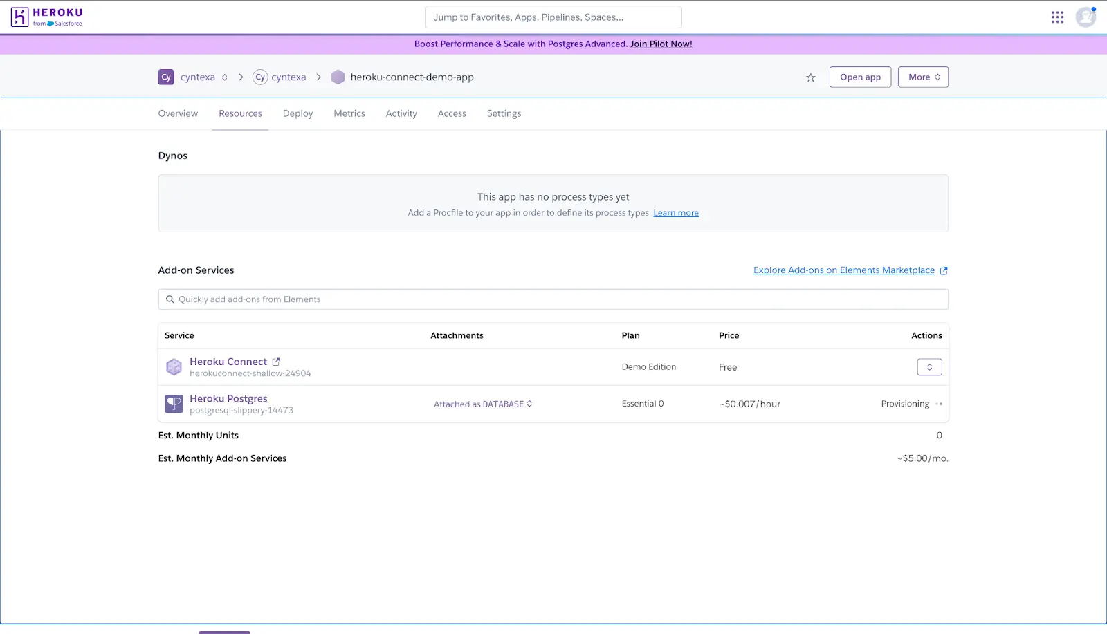 Open the Resources tab in the application to monitor the database provisioning status