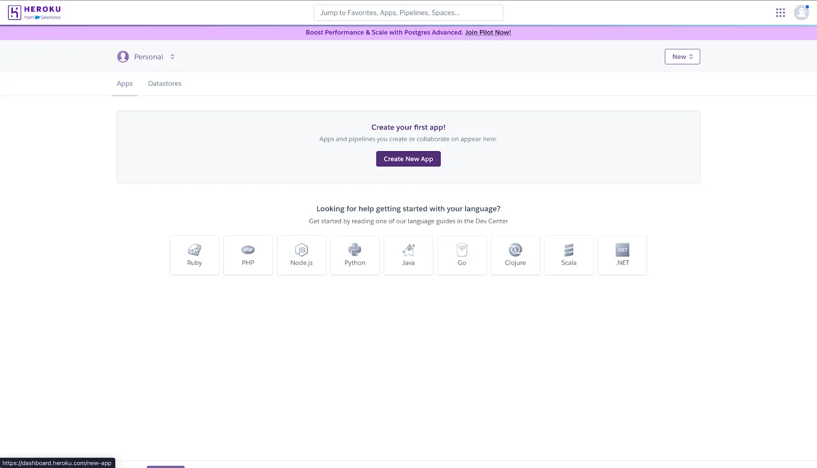 Start by creating a new app in your Heroku dashboard