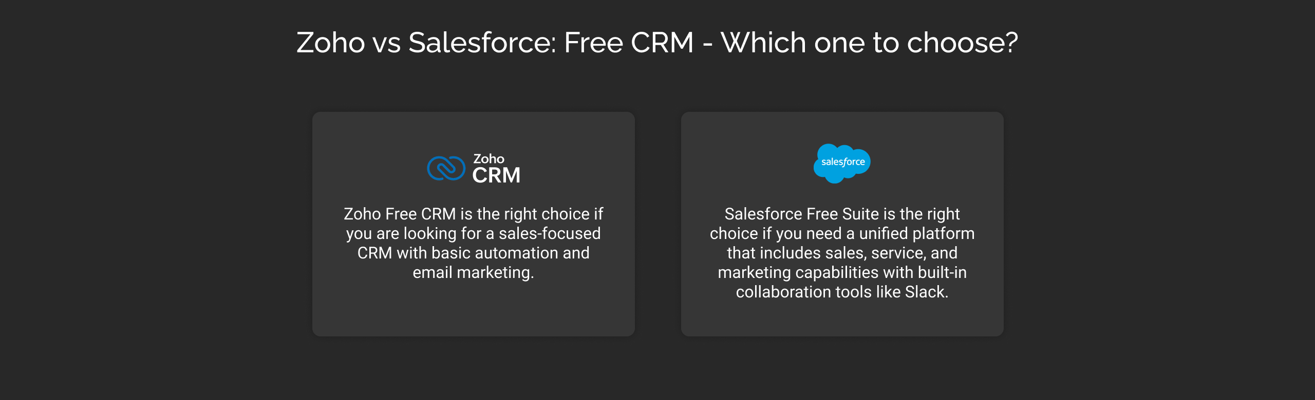 Zoho vs Salesforce: Free CRM - Which one to Choose? Quick Answer Infographic Dark Img