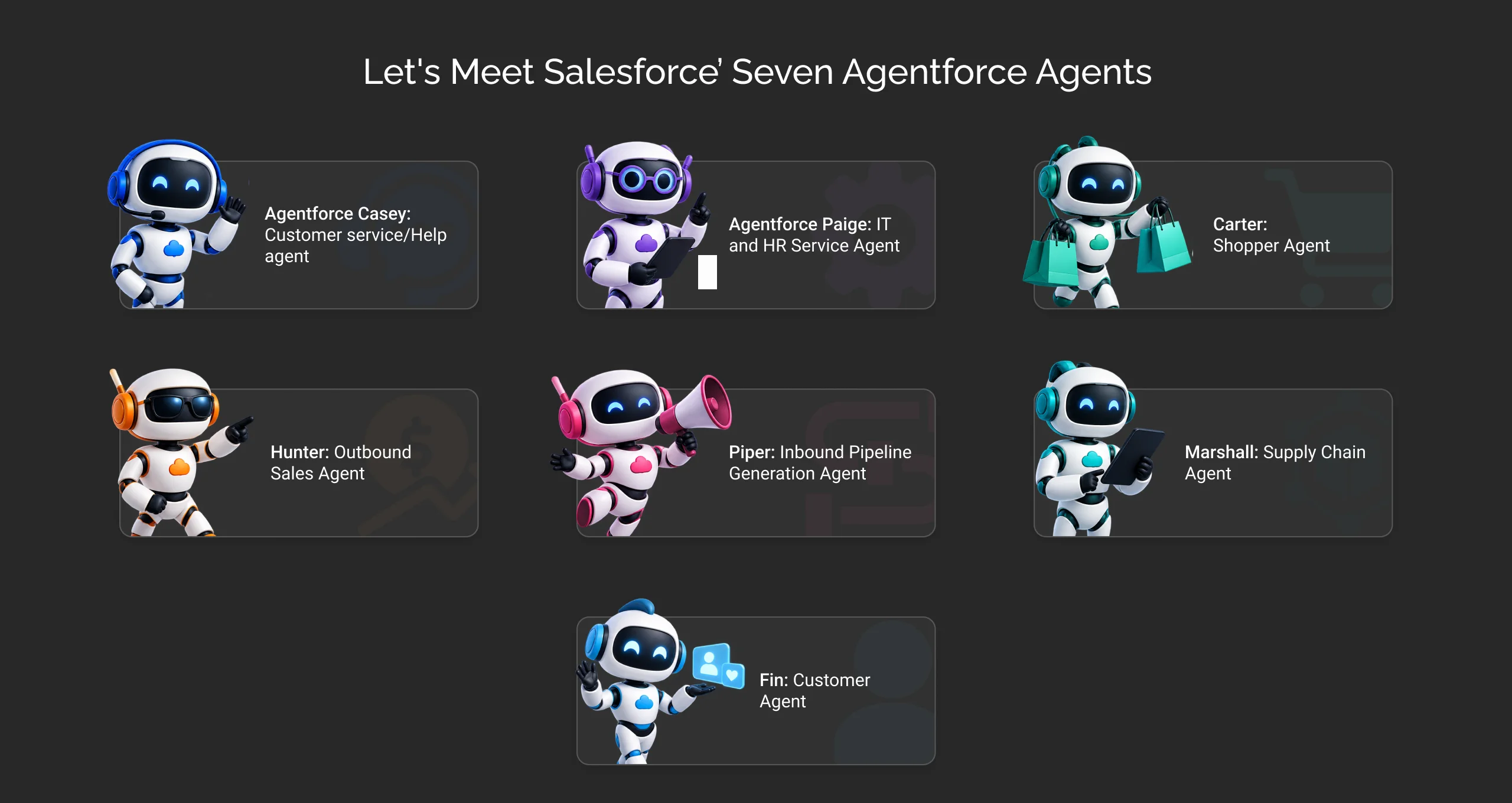 Salesforce’ seven Agentforce agents: Piper, Hunter, Casey, Paige, Fin, Carter, and Marshall dark image